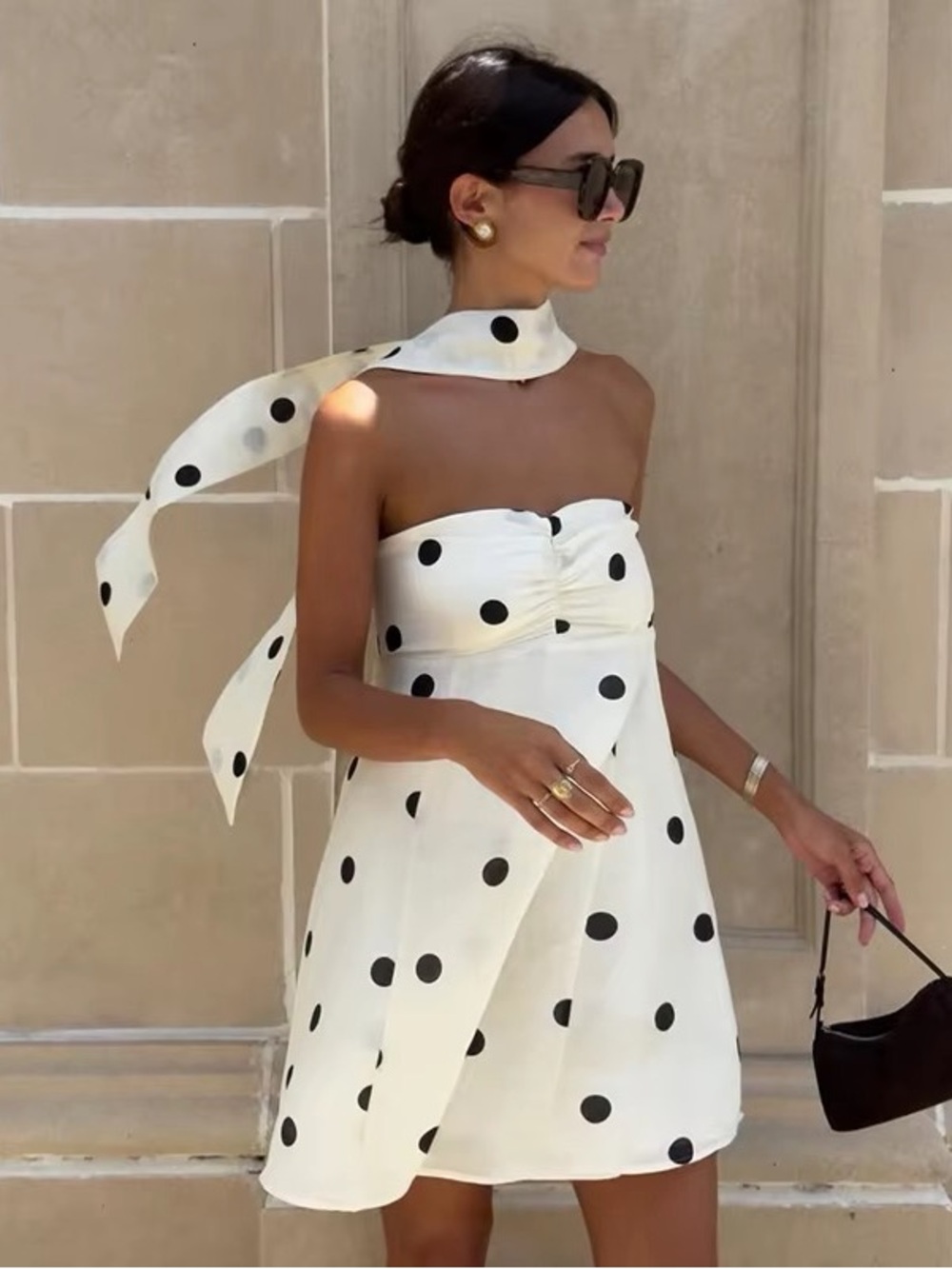 Strapless White Polka Dot Mini Dress